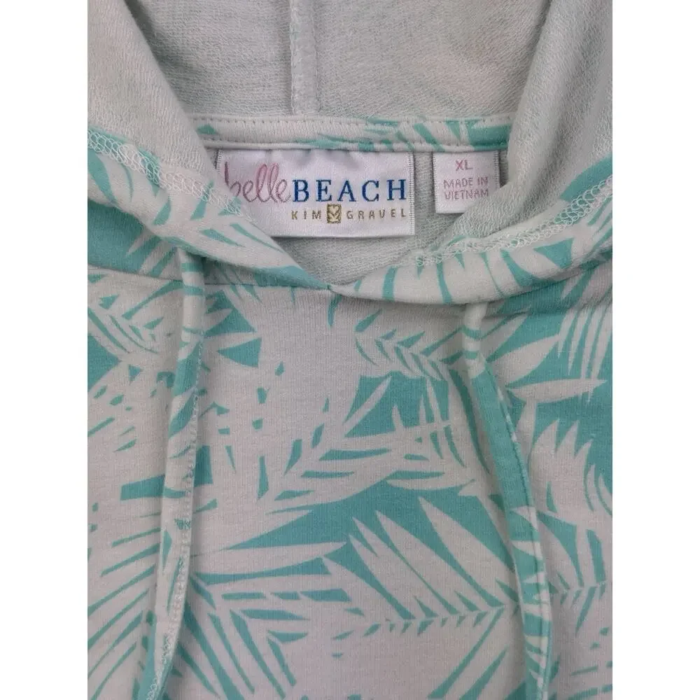 Belle Beach by Kim Gravel French Terry Short Sleeve Hoodie Light Aqua Palm XL - Picture 6 of 12